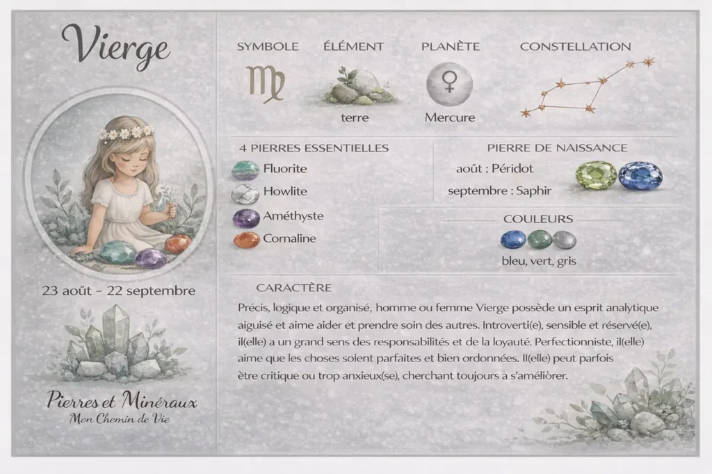 Pierre du signe astrologique Vierge avec ses pierres naturelles : fluorite, howlite, améthyste et cornaline