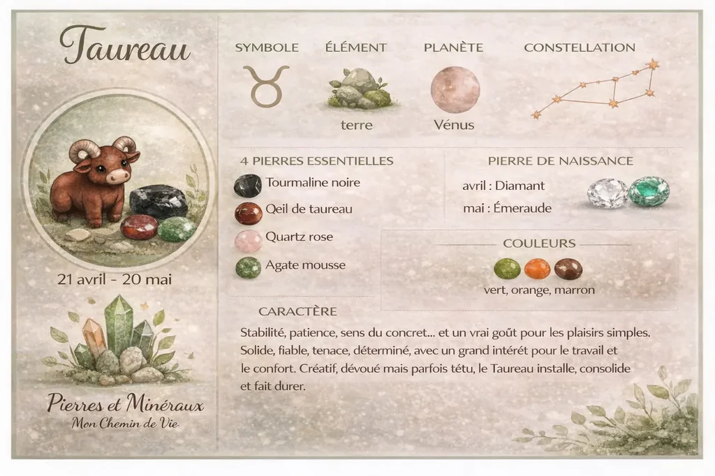 Infographie du signe astrologique Taureau avec tourmaline noire, œil de taureau, quartz rose et agate mousse.