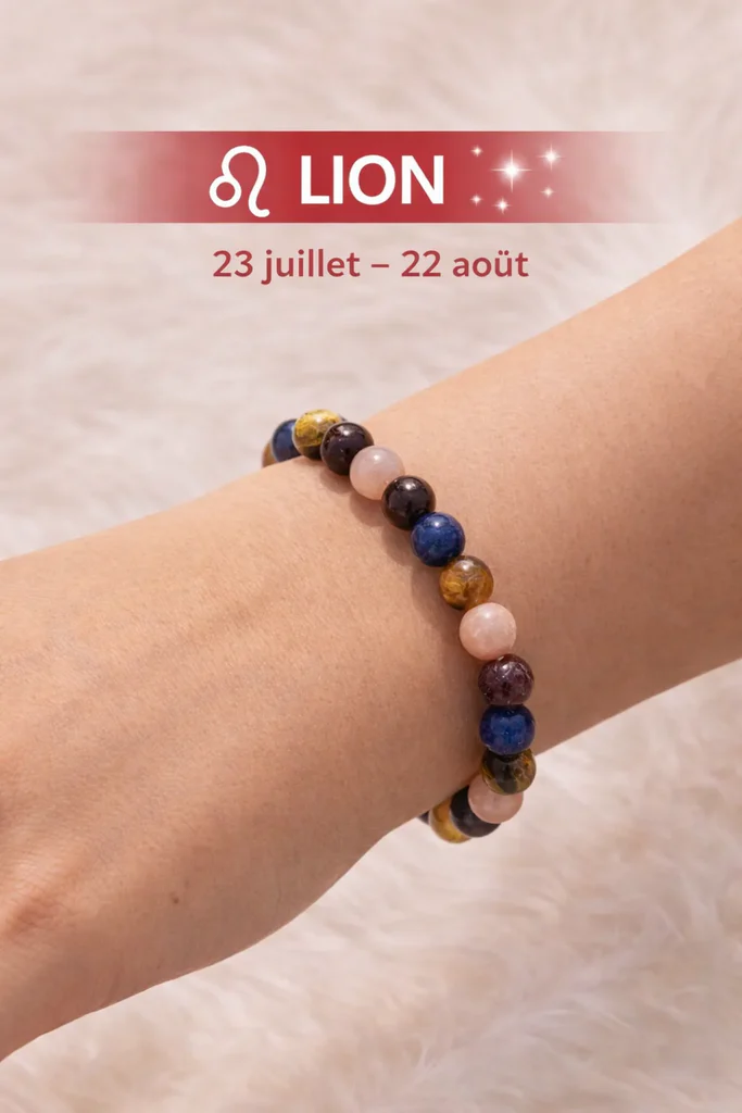 Bracelet Lion en pierres naturelles porté au poignet, avec la date 23 juillet – 22 août