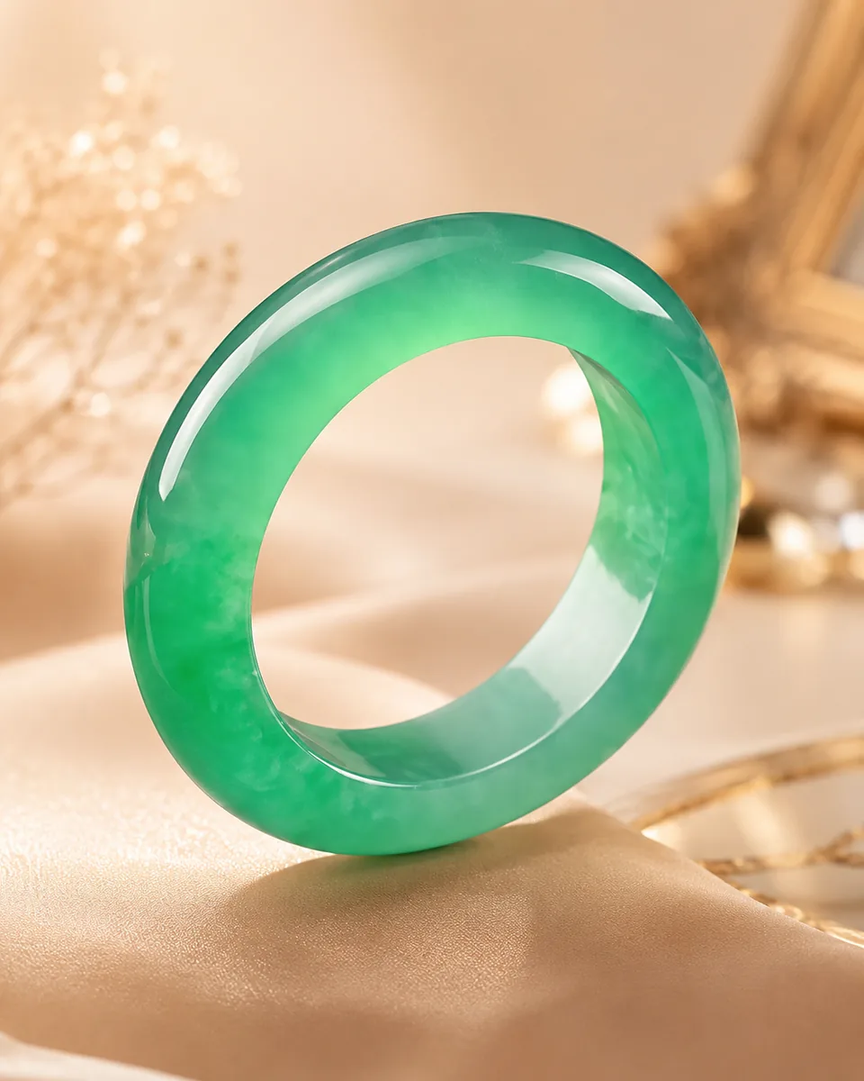 Bague Jade verte en pierre naturelle sur fond lumineux et raffiné