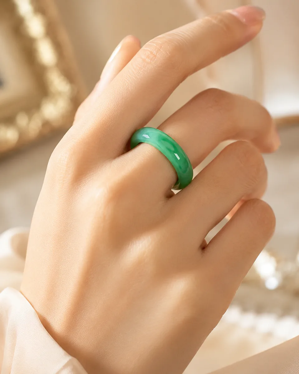 Bague Jade verte portée au doigt, anneau en pierre naturelle élégant