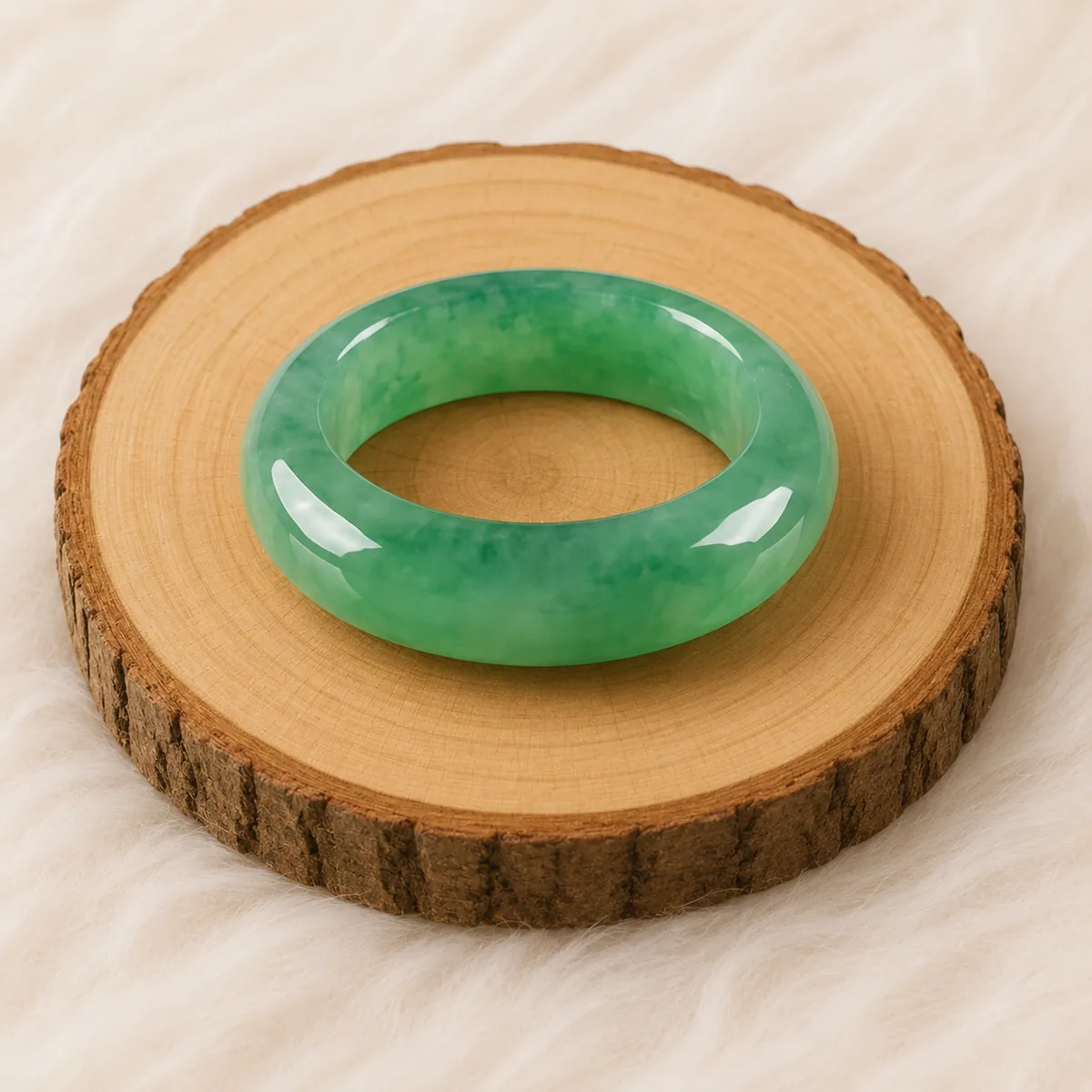 Bague en jade vert posée sur un rondin de bois, bijou naturel et raffiné