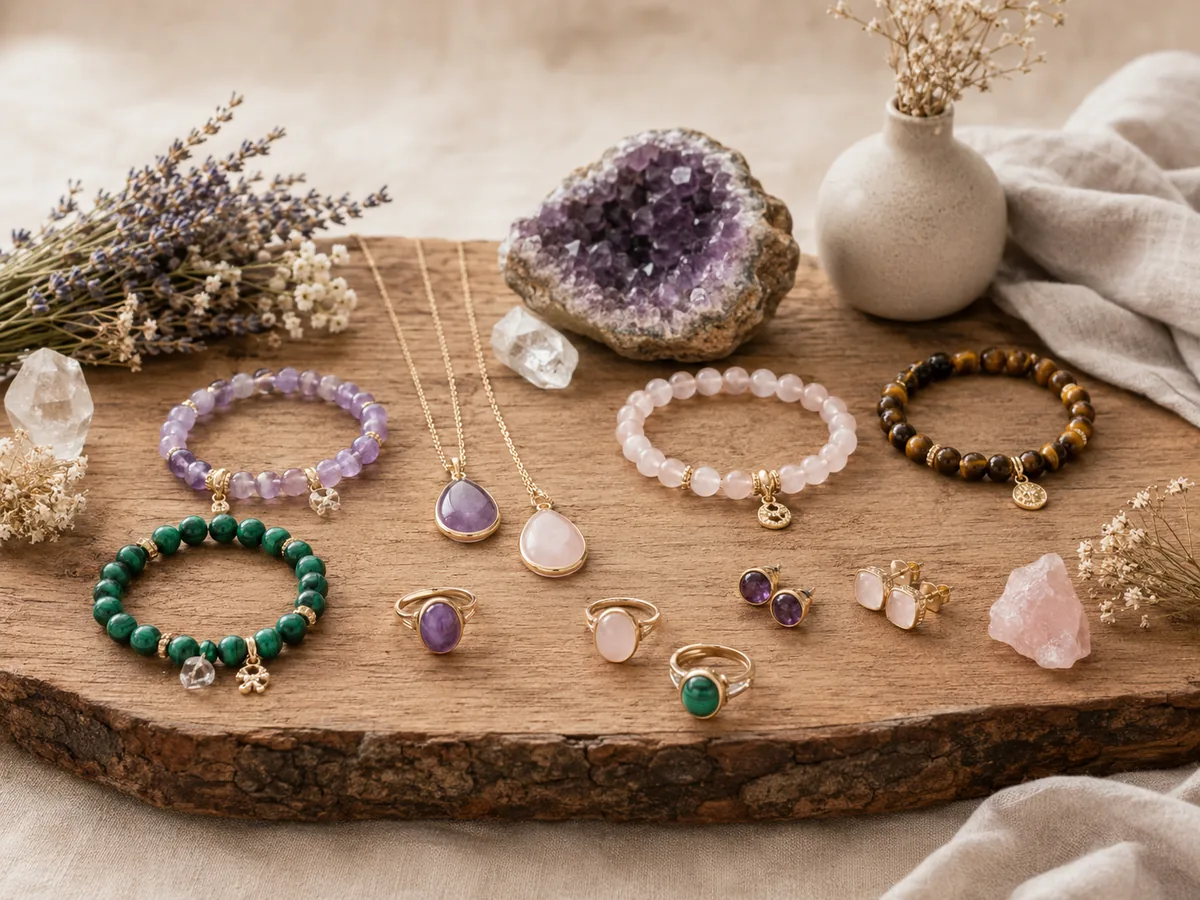 bijoux en pierres naturelles avec bracelets pendentifs bagues boucles d’oreilles et géode