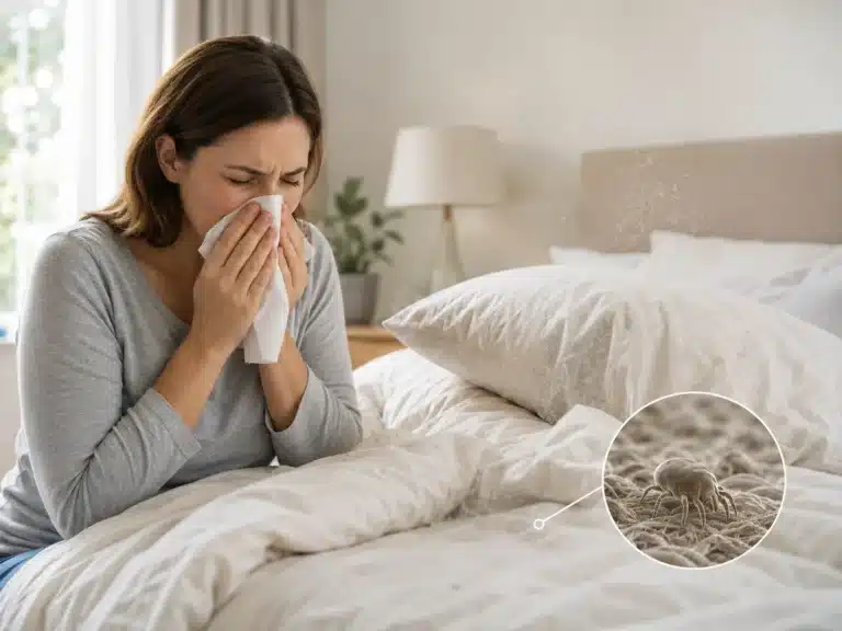 Femme éternuant dans une chambre en raison d’une allergie aux acariens présents dans la literie