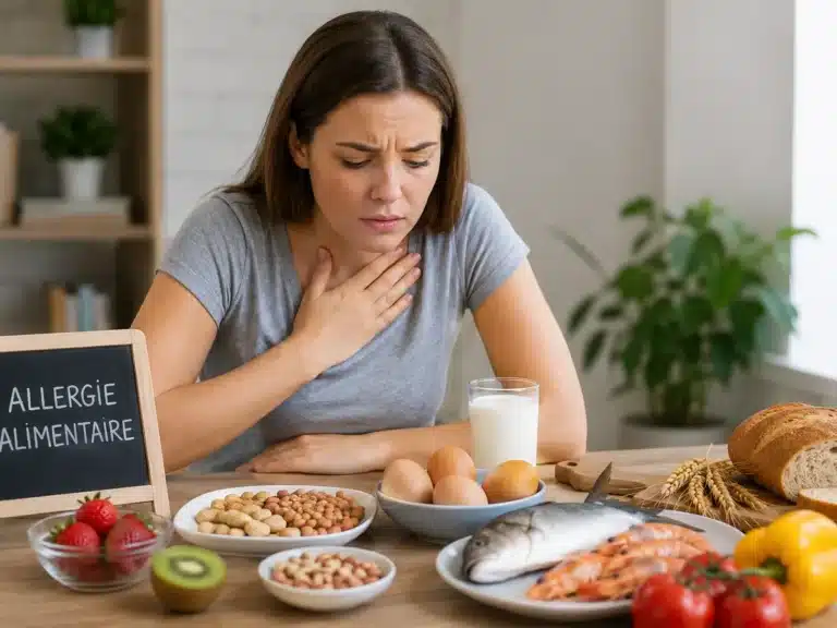 Femme présentant une gêne après un repas entourée de plusieurs aliments allergènes
