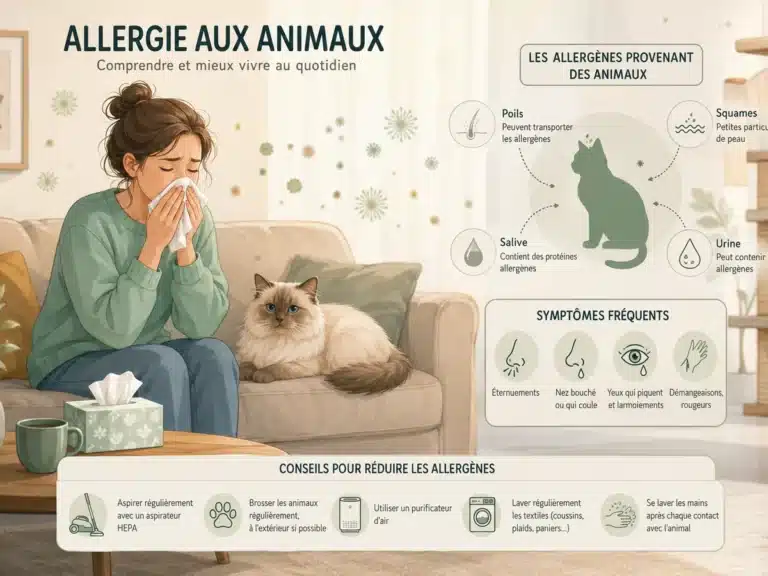 Illustration d’une femme allergique près d’un chat avec les principaux allergènes provenant des animaux