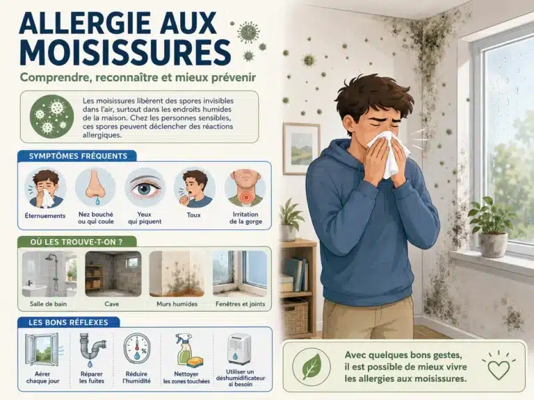 Illustration d’un homme souffrant d’une allergie aux moisissures dans une pièce humide