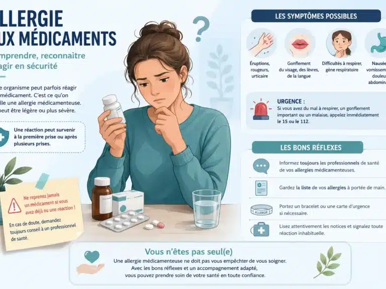 Illustration sur l’allergie aux médicaments avec les symptômes possibles et les bons réflexes