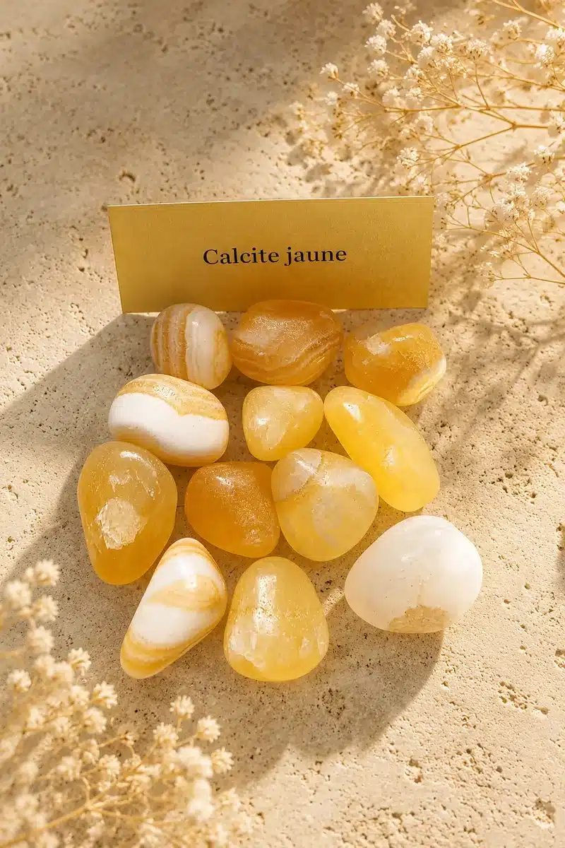 Pierres roulées naturelles en calcite jaune sur fond clair avec étiquette calcite jaune