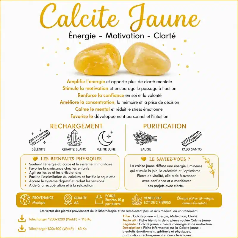 Fiche sur les bienfaits de la pierre roulée Calcite jaune pour l’énergie, la motivation et la clarté mentale