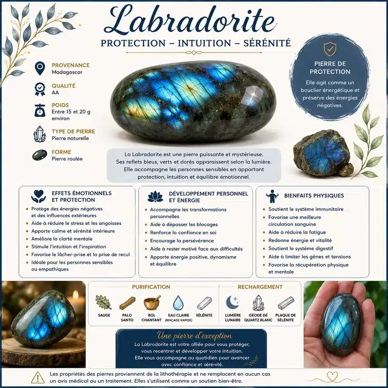 Fiche sur les bienfaits de la pierre roulée Labradorite pour la protection, l’intuition et la sérénité