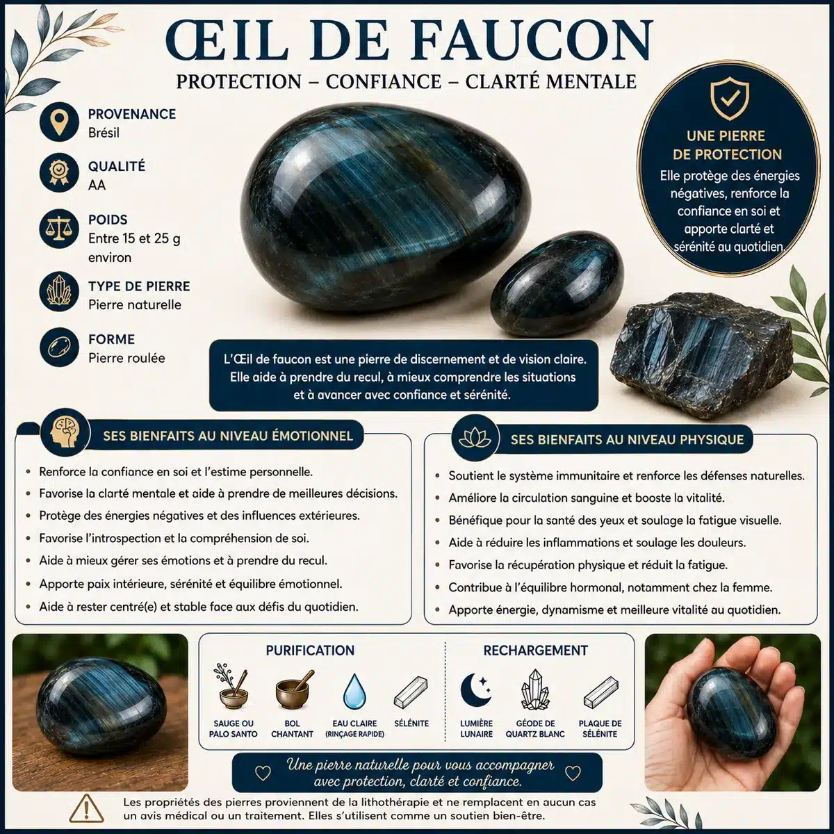 iche sur les bienfaits de la pierre roulée Œil de faucon pour la protection, la confiance et la clarté mentale