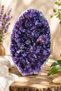 Géode Améthyste de 1 kg du Brésil avec cristaux violets sur support en bois