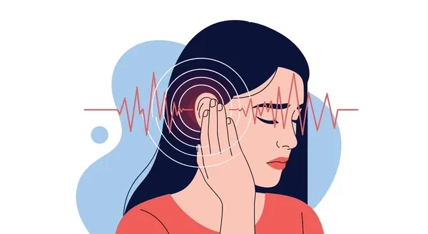 Illustration d’une femme ressentant des sifflements liés aux acouphènes