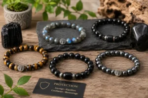 Bijoux de protection en labradorite, obsidienne, œil de tigre et hématite