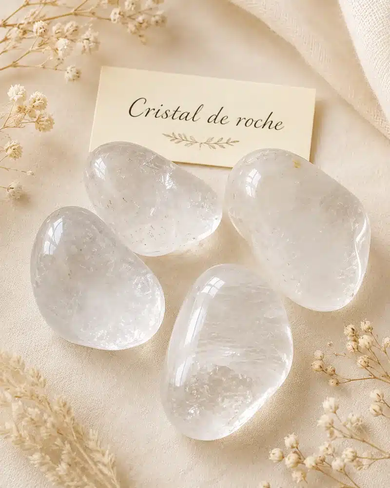 Pierre roulée en cristal de roche transparent sur fond beige avec fleurs séchées