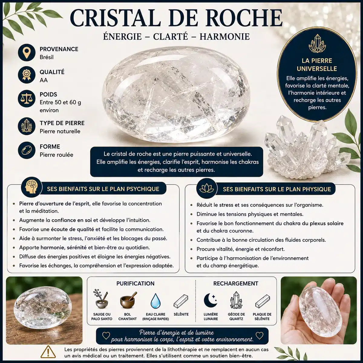 Fiche sur les bienfaits de la pierre roulée Cristal de roche pour l’énergie, la clarté et l’harmonie