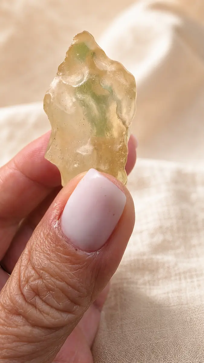 Gros plan sur la transparence d’une tectite dorée en verre libyque