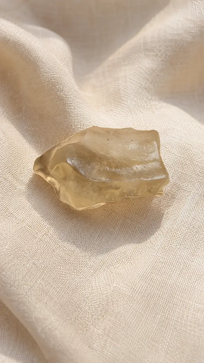 Tectite dorée brute avec reliefs naturels sur fond clair