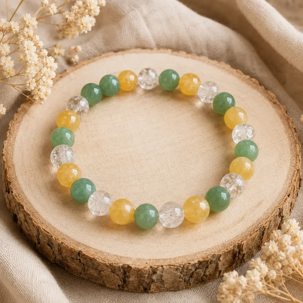 Bracelet motivation en Aventurine verte, Calcite jaune et Cristal de roche sur rondin de bois