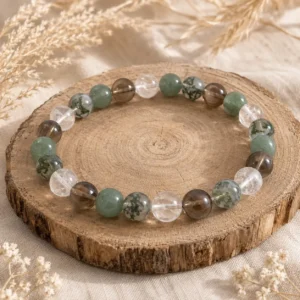 Bracelet lâcher-prise en Quartz fumé, Agate mousse, Aventurine verte et Cristal de roche