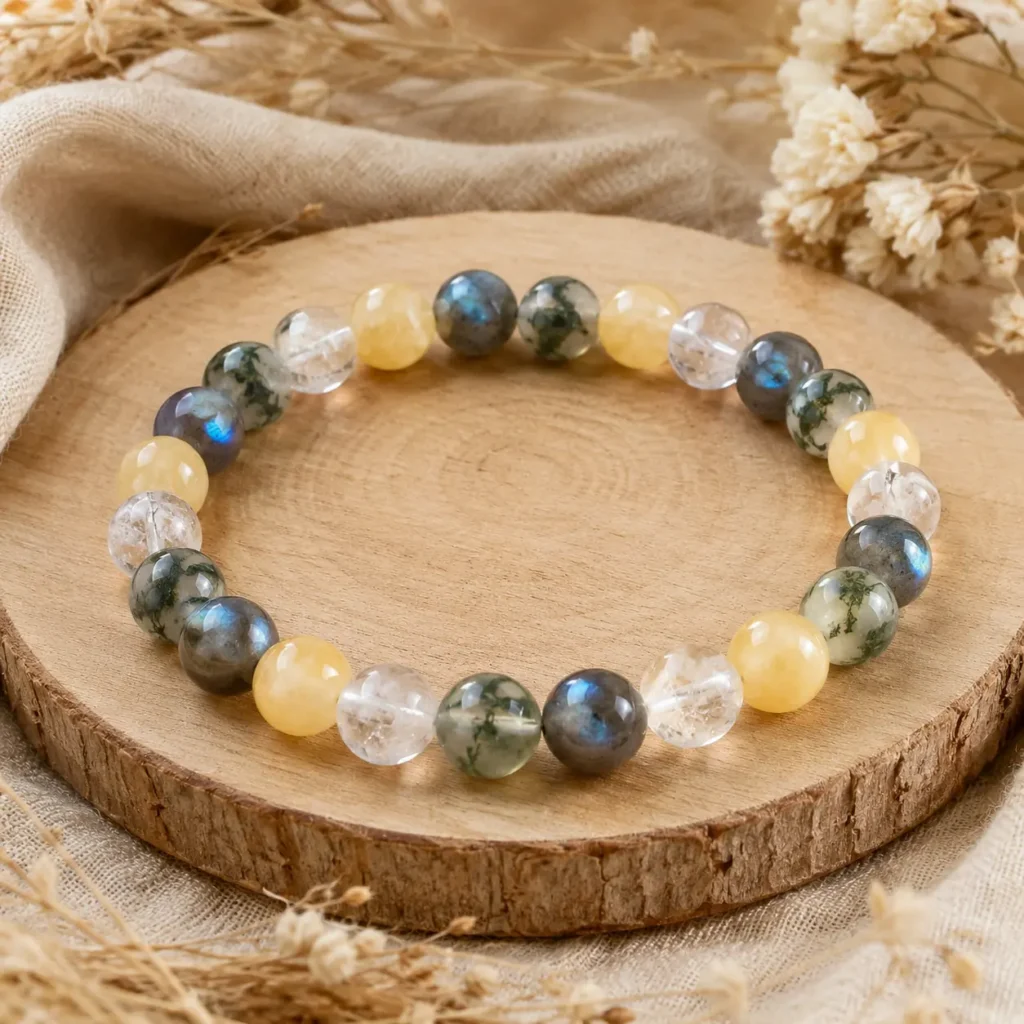 Bracelet reconversion en Labradorite, Cristal de roche, Calcite jaune et Agate mousse