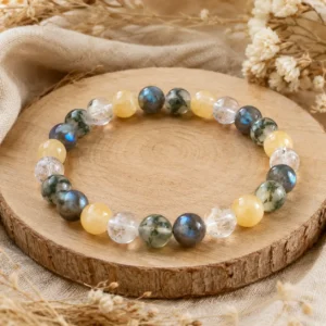 Bracelet reconversion en Labradorite, Cristal de roche, Calcite jaune et Agate mousse