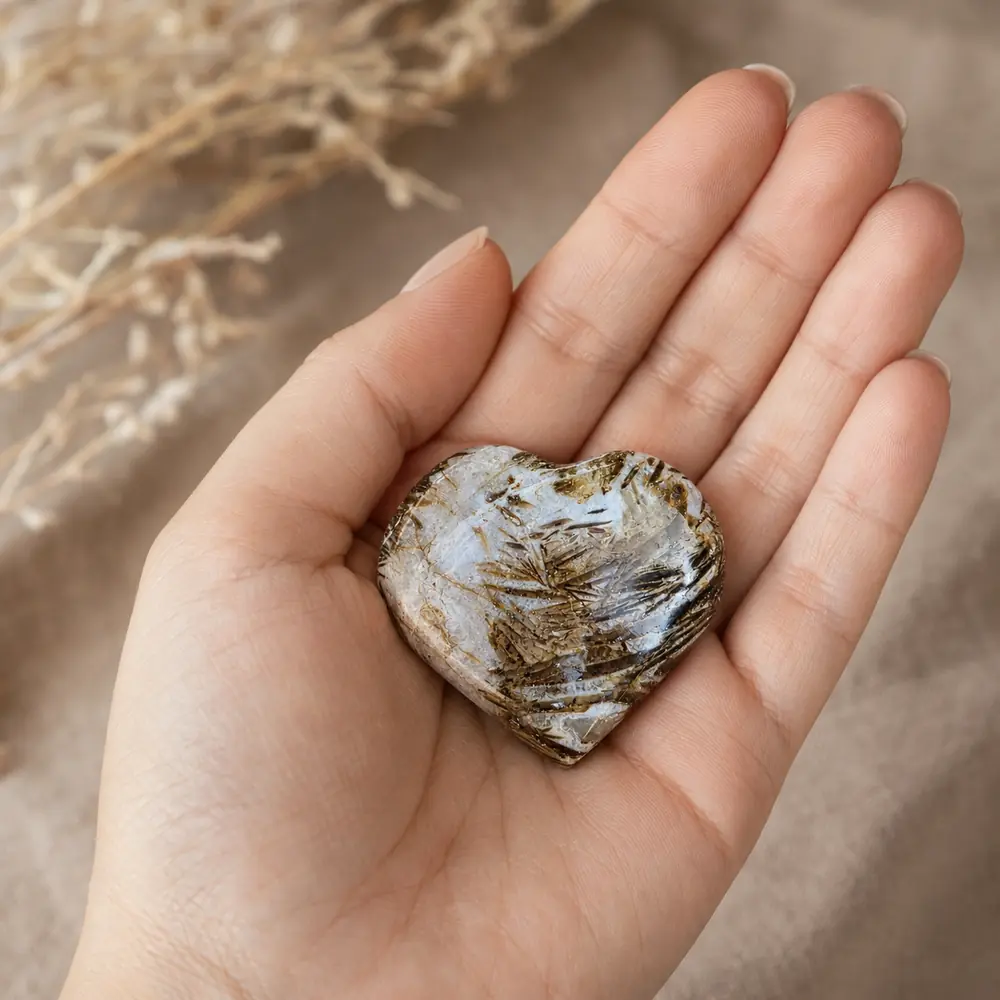 Cœur en astrophyllite naturelle de 4 × 4 cm présenté dans une main