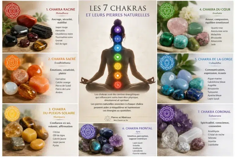 Infographie des 7 chakras avec leurs significations et les pierres naturelles correspondantes
