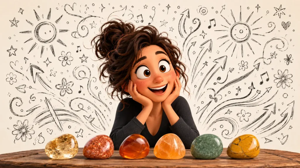Femme joyeuse devant des pierres naturelles aux couleurs lumineuses
