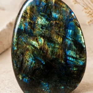 Labradorite polie aux reflets bleus, turquoise et dorés sur fond clair