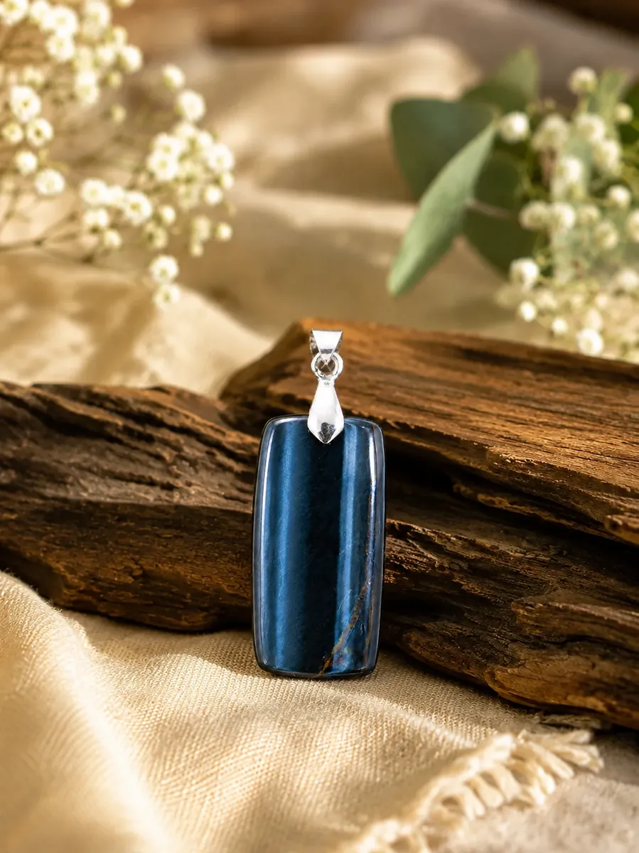 Pendentif œil de faucon bleu rectangulaire présenté sur du bois avec des fleurs blanches.