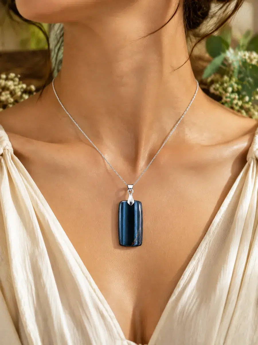 Pendentif œil de faucon rectangulaire aux reflets bleus porté autour du cou avec une chaîne argentée.