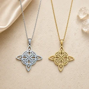 Pendentifs nœud de sorcière argenté et doré en acier inoxydable avec chaîne