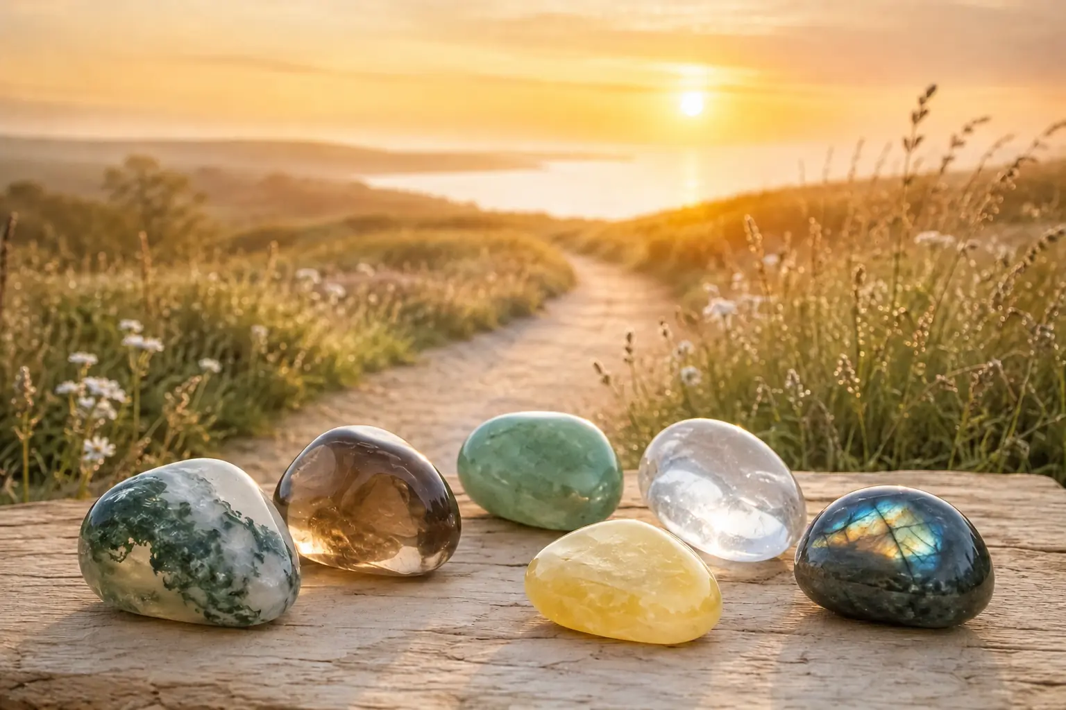 Six pierres nouveau départ avec Calcite jaune devant un chemin au soleil levant
