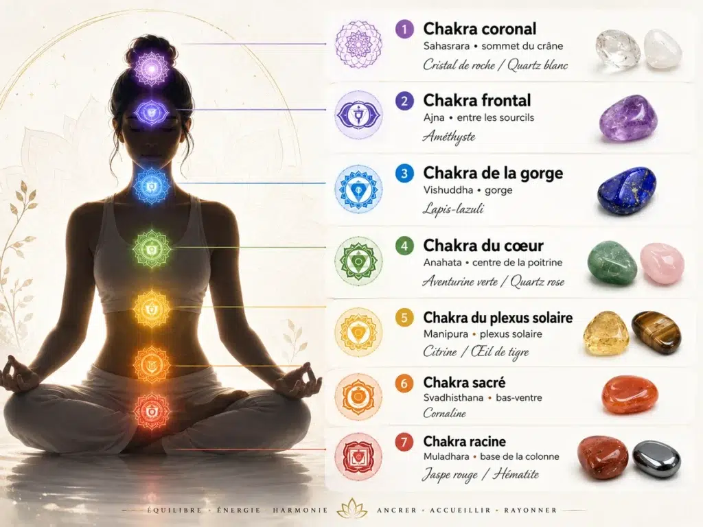 7 chakras et pierres naturelles avec leurs correspondances
