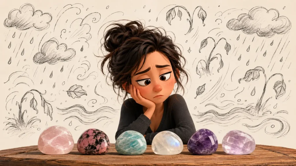 Femme triste devant des pierres naturelles associées au réconfort