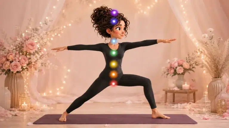 Personnage féminin en posture de yoga avec les 7 chakras lumineux dans un décor romantique rose et fleuri