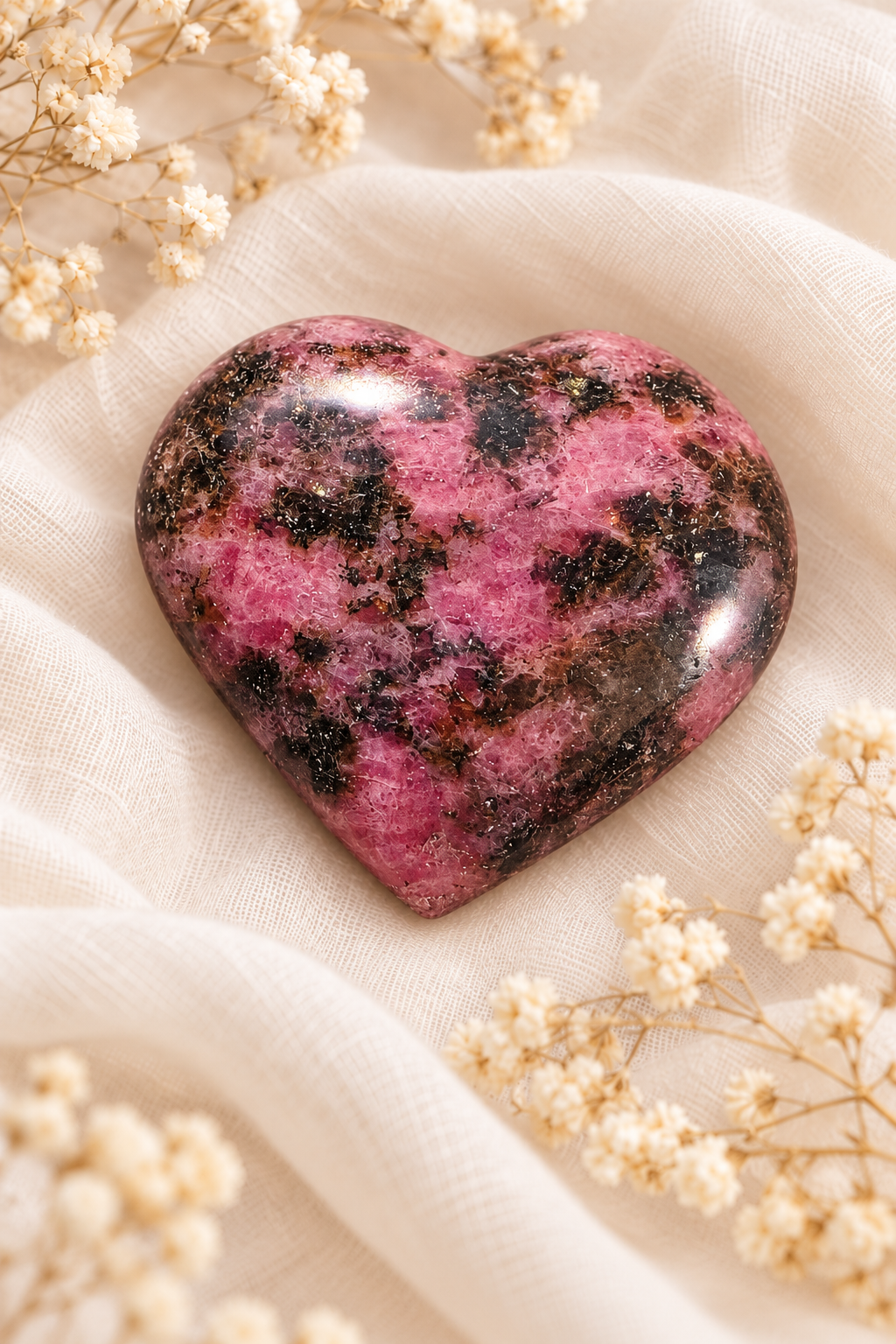 Cœur en rhodonite rose et noire présenté parmi des fleurs séchées