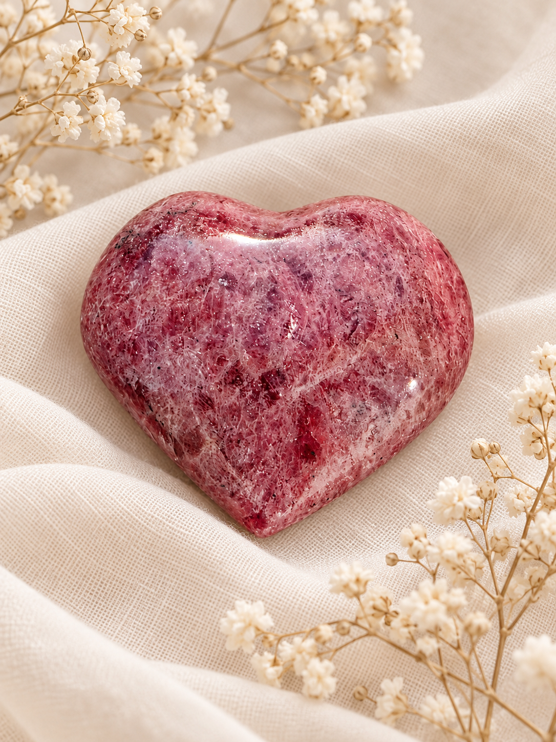Cœur en rhodonite rose mouchetée poli, présenté sur un tissu clair