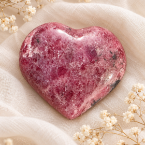 Cœur en rhodonite rose mouchetée poli, présenté sur un tissu clair
