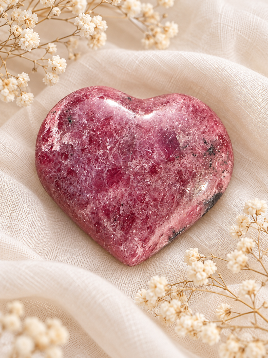 Cœur en rhodonite rose mouchetée poli, présenté sur un tissu clair