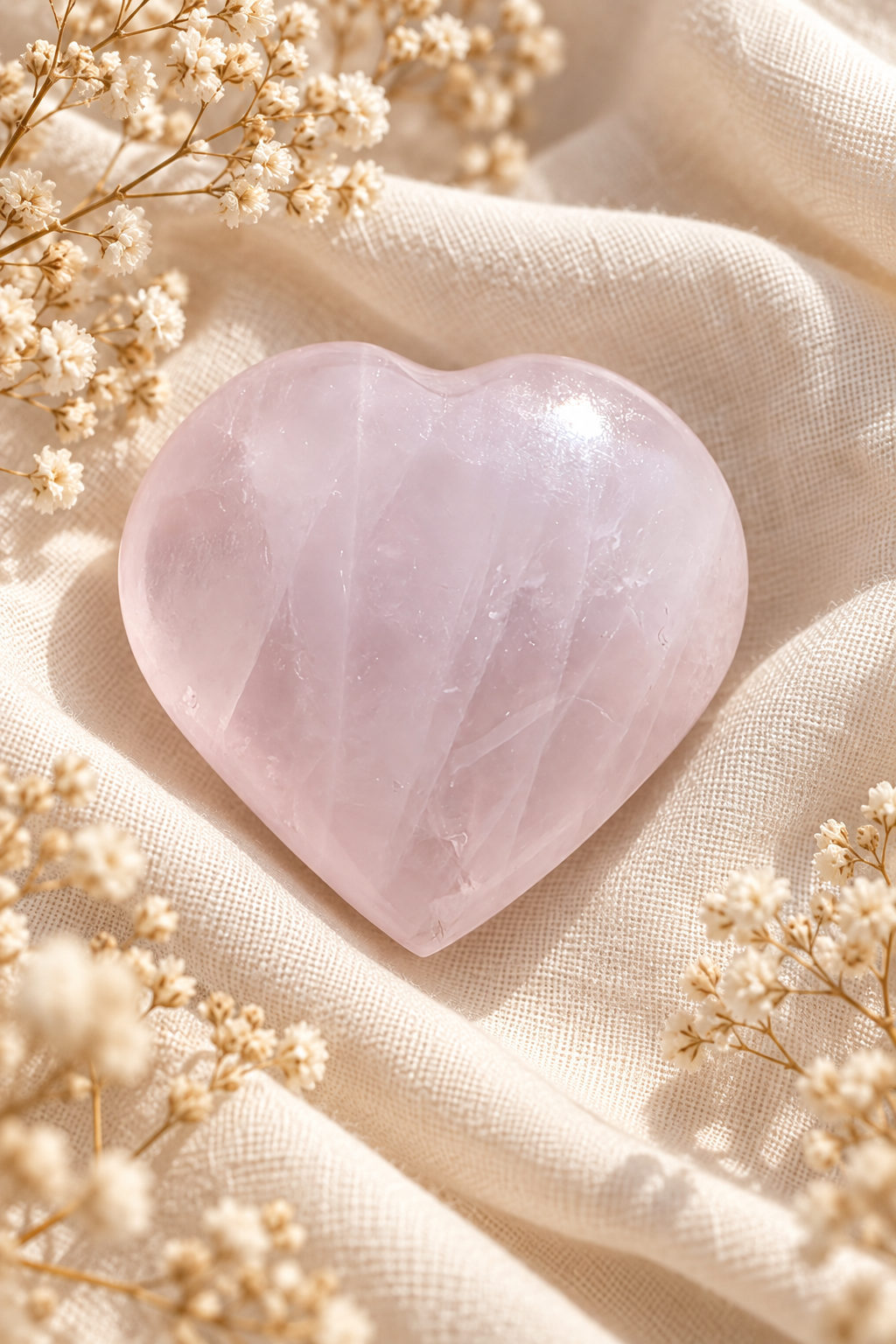Cœur en quartz rose pâle présenté avec des fleurs séchées