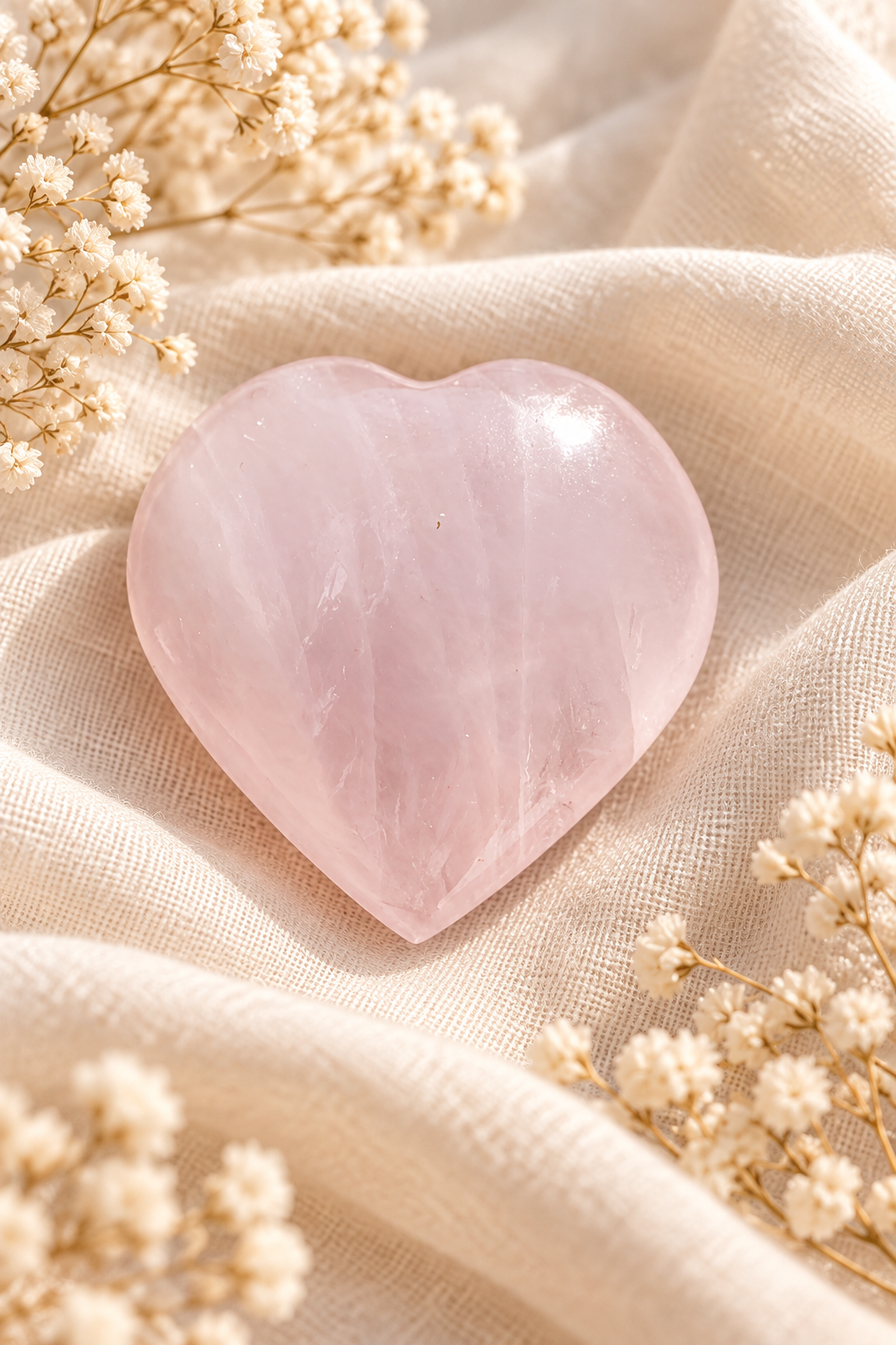 Cœur en quartz rose translucide posé sur du lin avec des fleurs séchées
