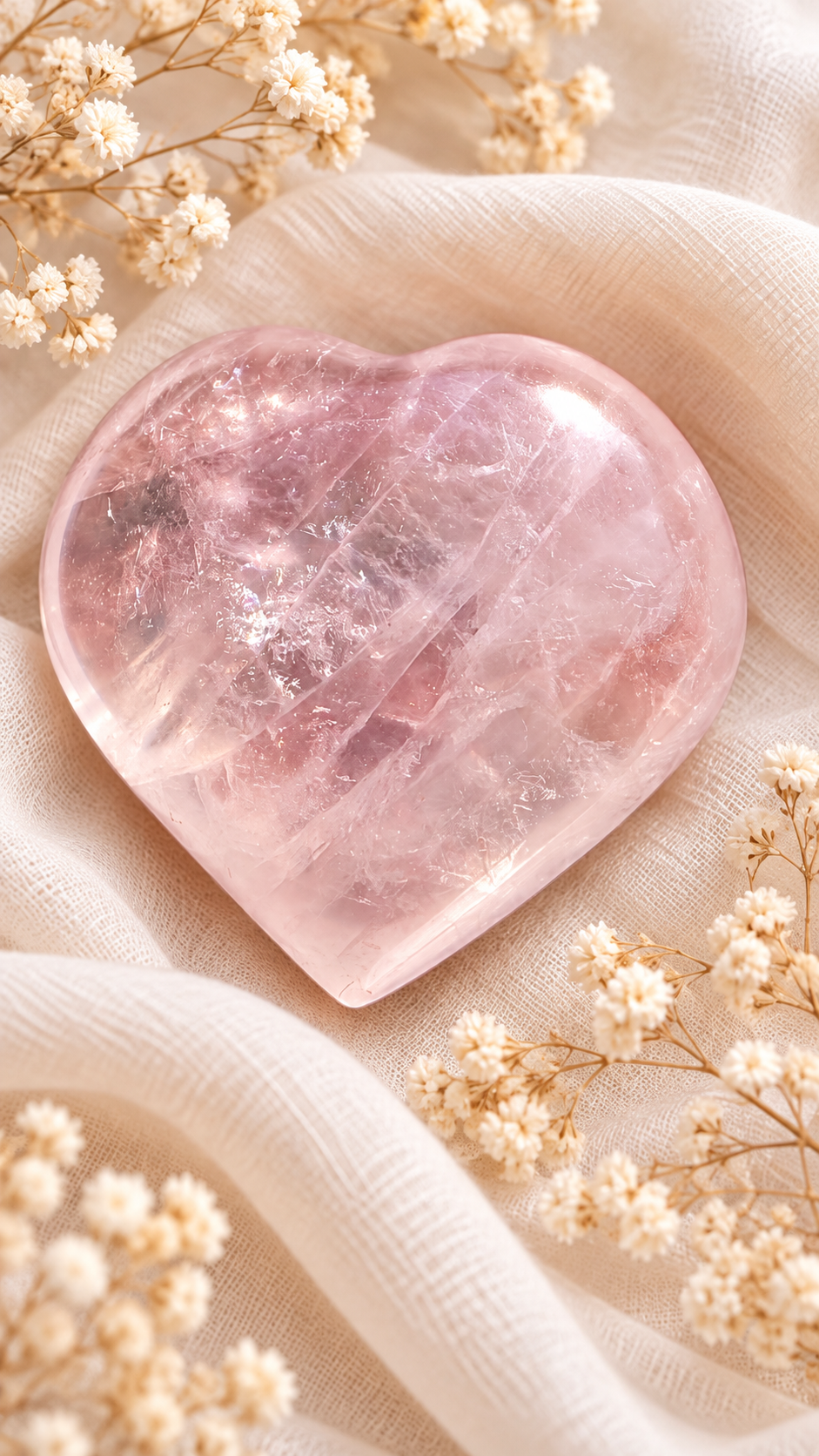 Cœur en quartz rose pâle poli posé sur un tissu clair