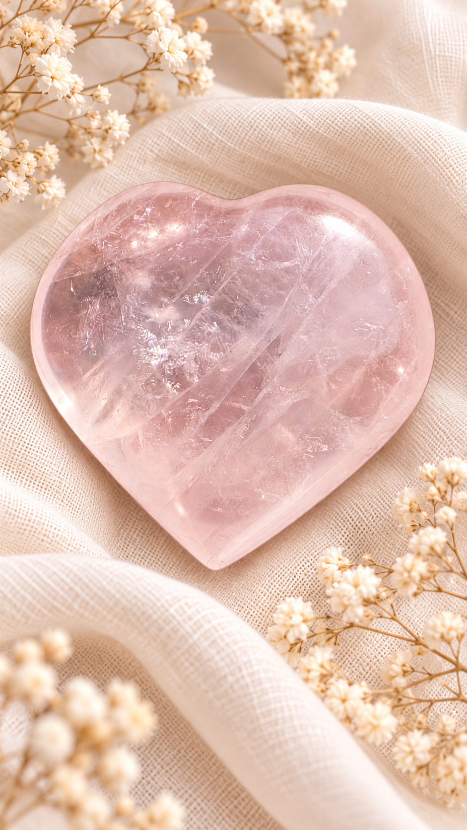 Cœur en quartz rose pâle présenté avec des fleurs séchées