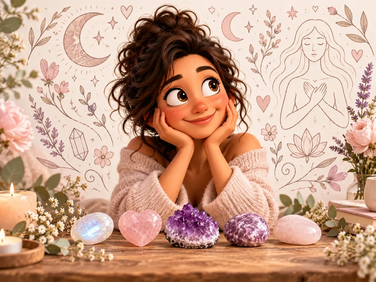 Illustration bien-être féminin avec jeune femme souriante et pierres naturelles aux tons chaleureux
