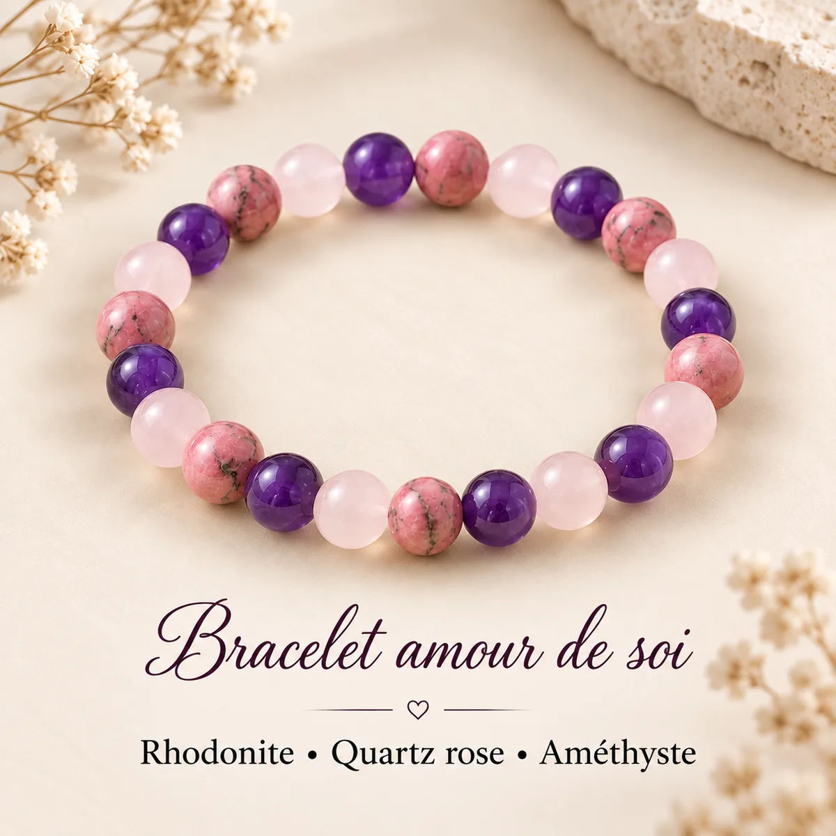 Bracelet amour de soi en rhodonite, quartz rose et améthyste