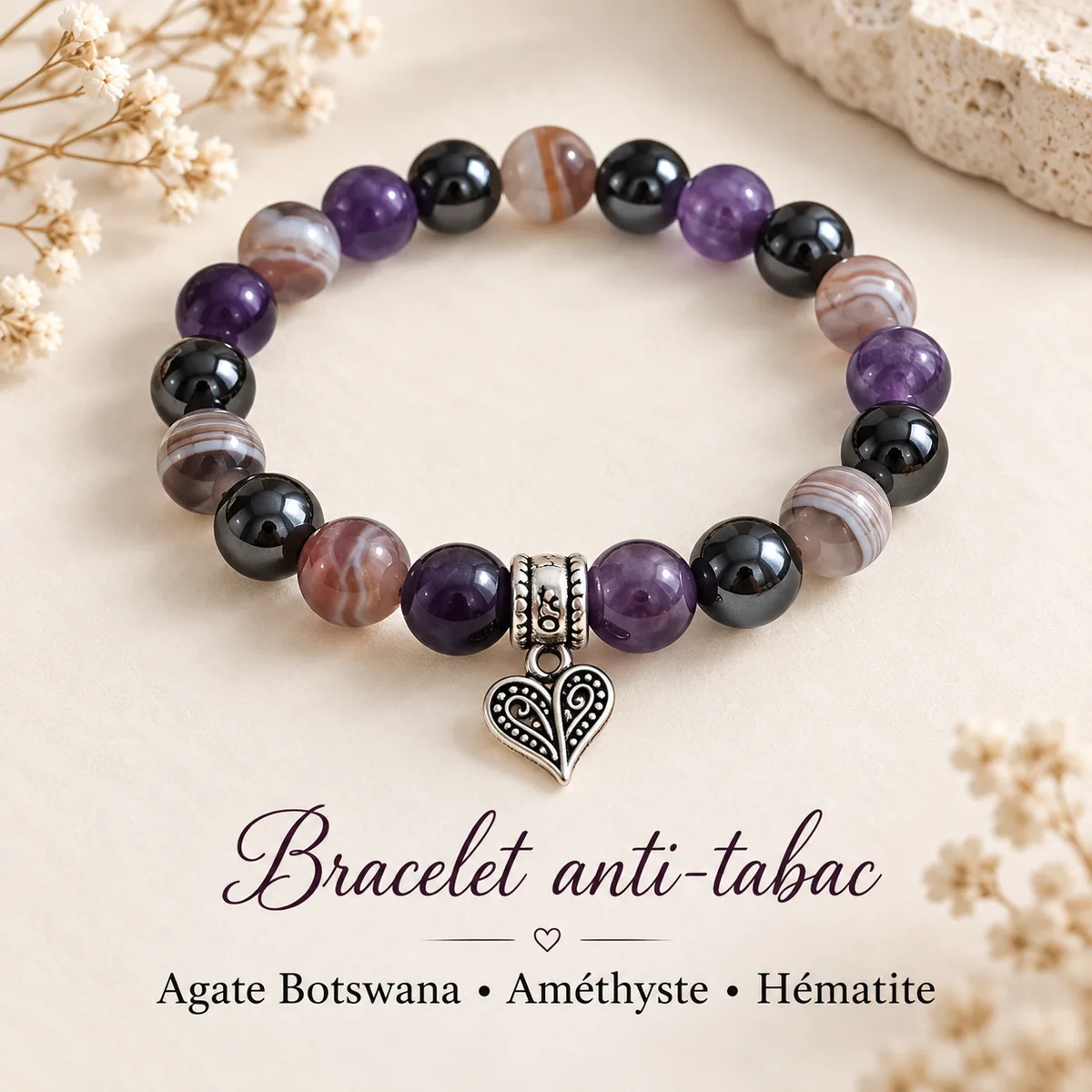 Bracelet anti-tabac en agate Botswana, améthyste et hématite