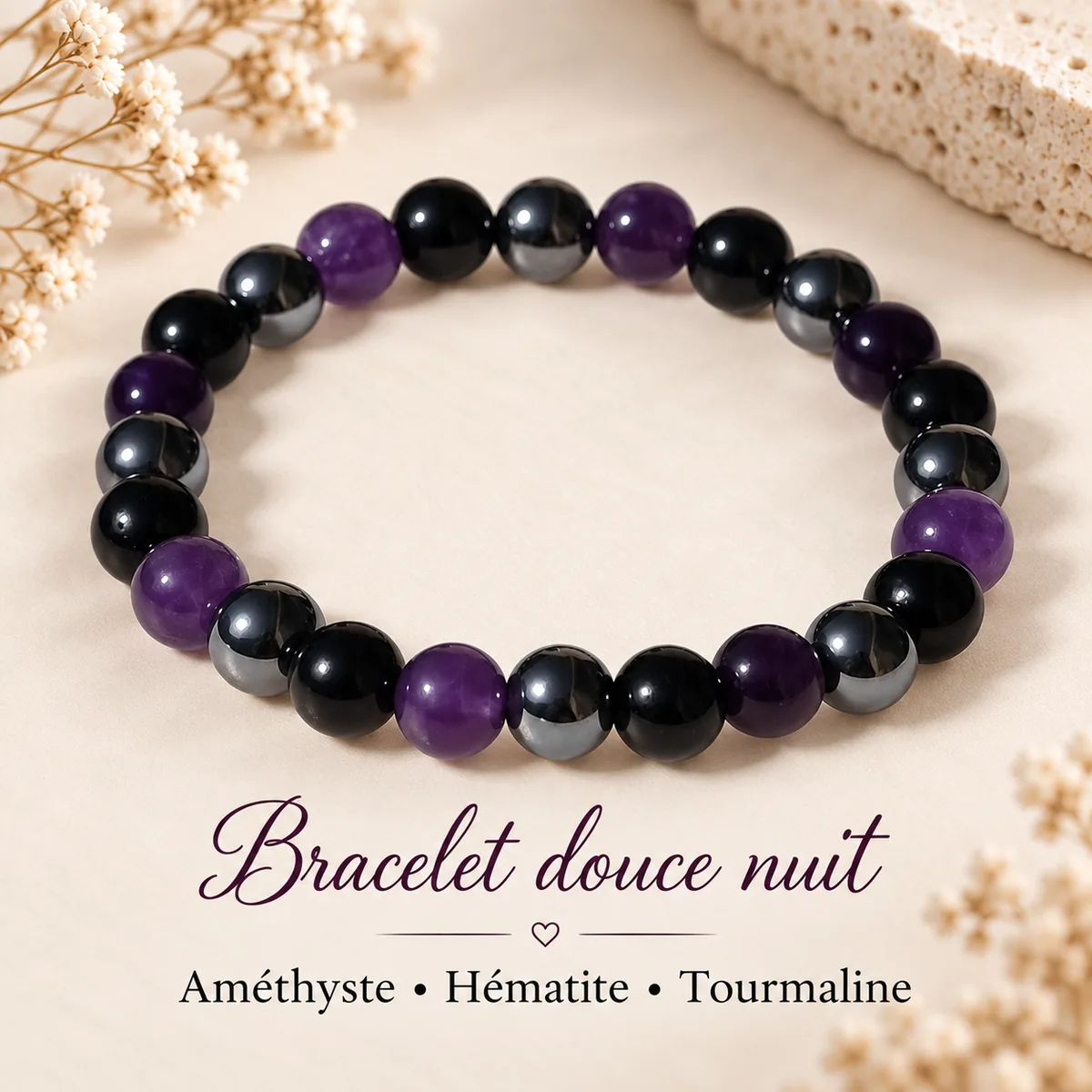 Bracelets personnalisés selon vos besoins en pierres naturelles. Bracelet douce nuit en améthyste, hématite et tourmaline